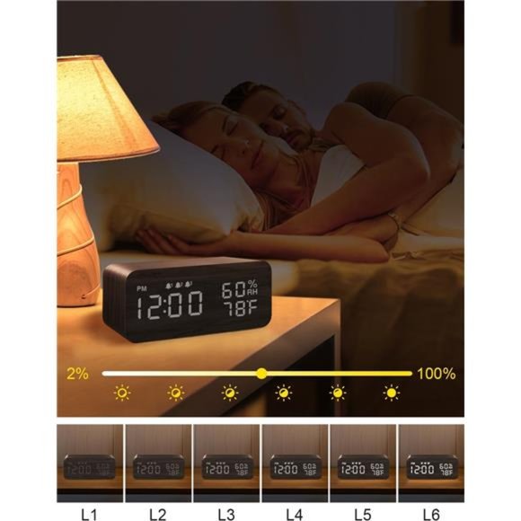 Wooden Digital Alarm Clock with Wireless Charging, Dimmable, Adjustable Volume - Picture 7 of 7